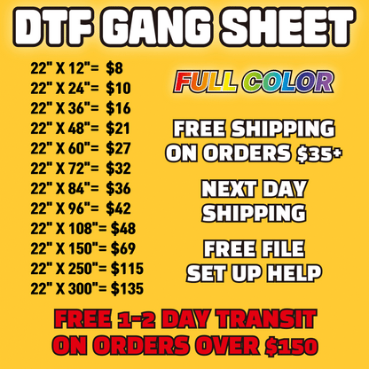 DTF Gang Sheet, Custom DTF Transfers, Ready to Press DTF Gang Sheets, Full Color Direct to Film